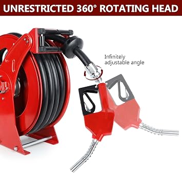 Fuel Hose Reel with Fueling Nozzle, 3/4 x 50FT Retractable Diesel Hose Reel, 300 PSI Industrial Heavy Duty Auto Swivel Rewind Hose Holder Reels, for Vehicle Tank Truck Trailer Ship
