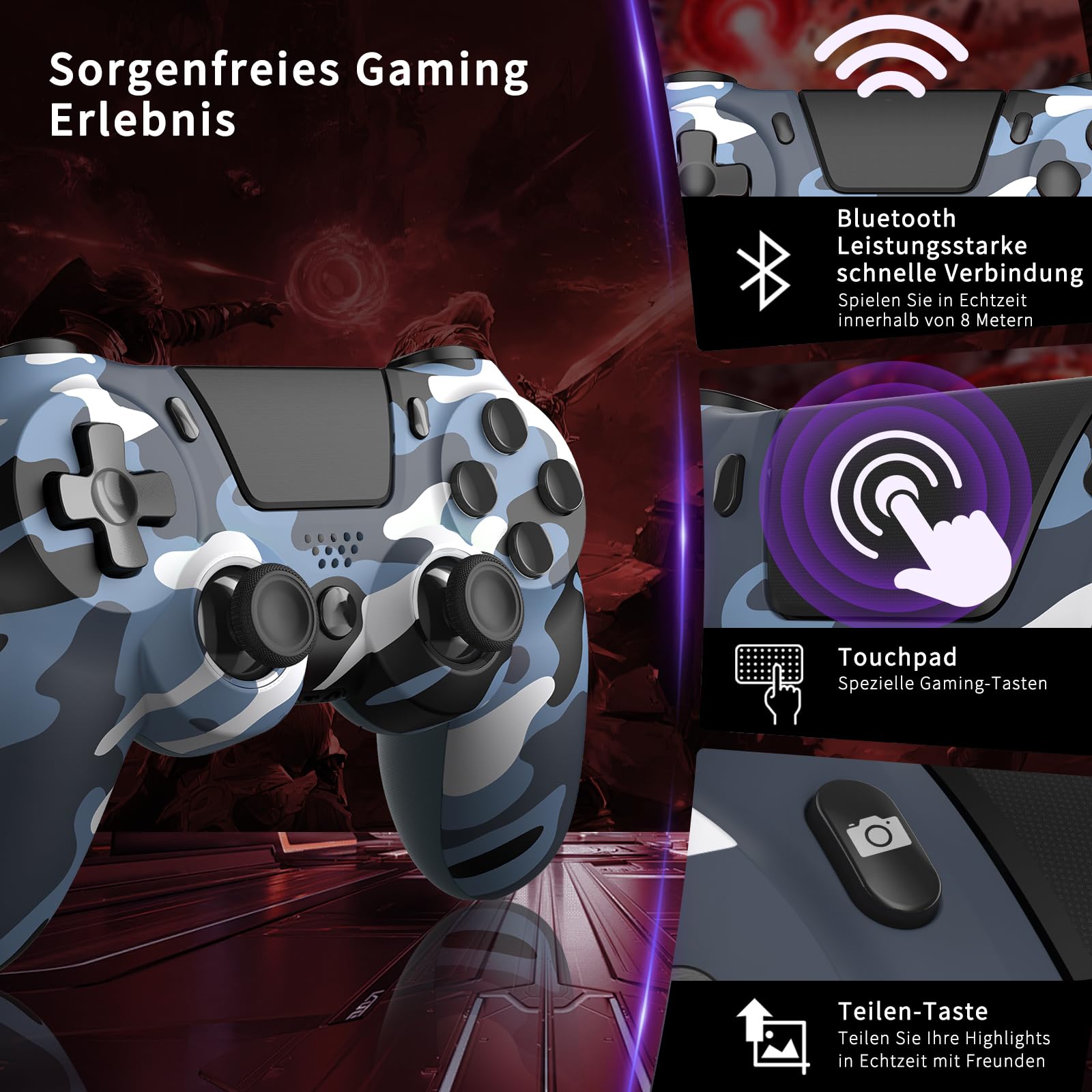ancihdgm Wireless Controller for PS4, Game Controller kompatibel mit PS4/Pro/Slim/PC/PS3/Android/IOS Gamepad mit Dual Vibration/6-Achsen-Gyro-Sensor/Touchpanel/Kopfhörerbuchse