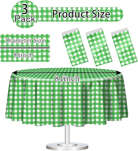Miniatura 2 de HEIPINIUYE Paquete de 3 manteles redondos a cuadros verdes y blancos de 84 x 84 pulgadas, mantel desechable para mesas redondas, fiestas, picnic,