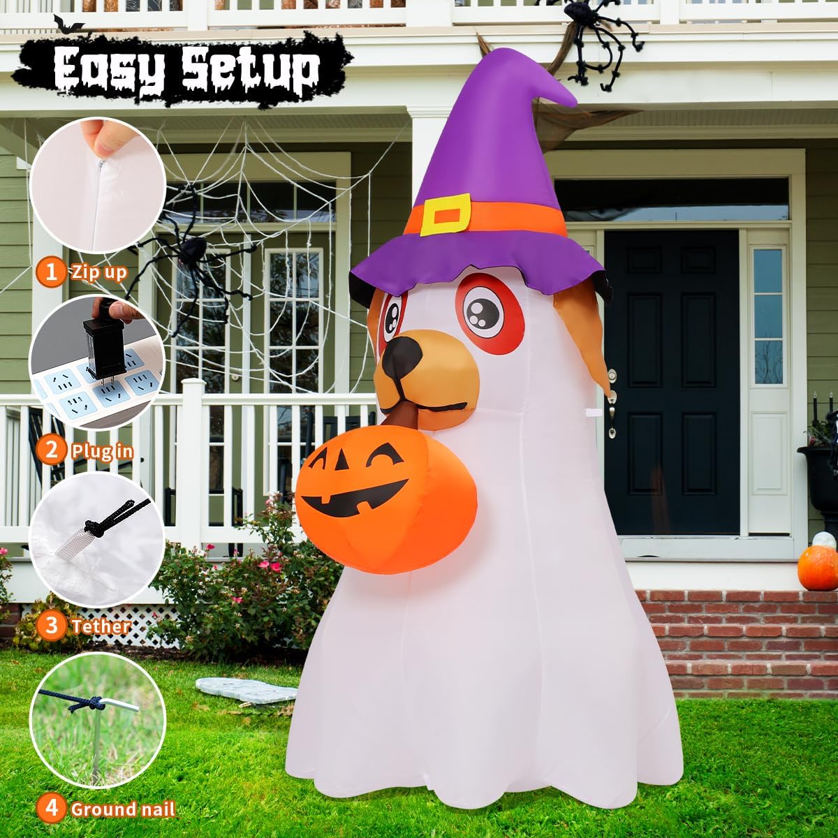 GOOSH 6.2 FT Halloween Inflatables Dog Outdoor Decorations Blow Up Yard Cute Puppy Ghost with Pumpkin with Built-in LEDs for Indoor Party Garden Lawn Holiday Decor