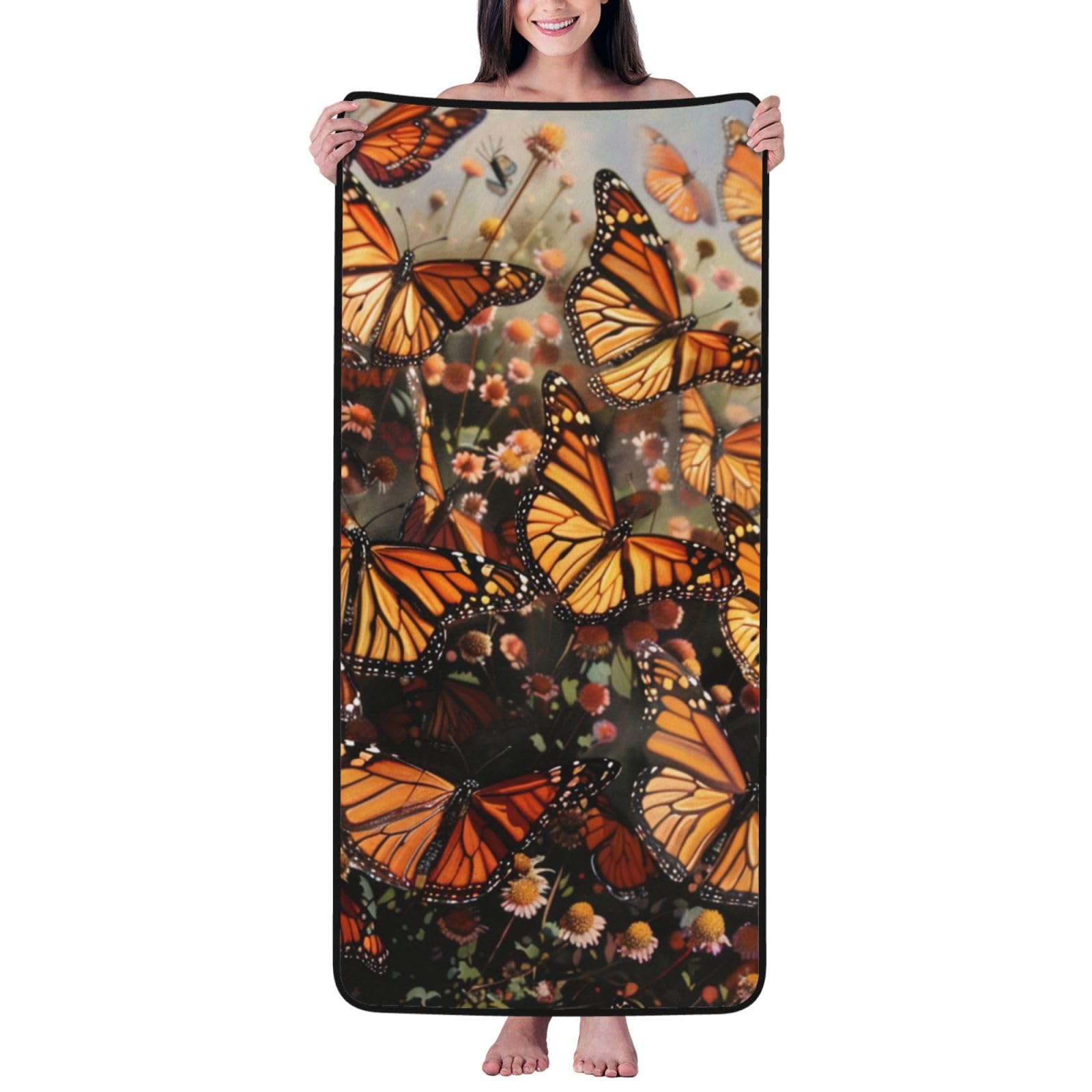WPKJU Monarch Butterflies Printed Bath Towel with Black Edging - 27x55 in Soft Extra Absorbent Coral Velvet Shower Towels for Bathroom