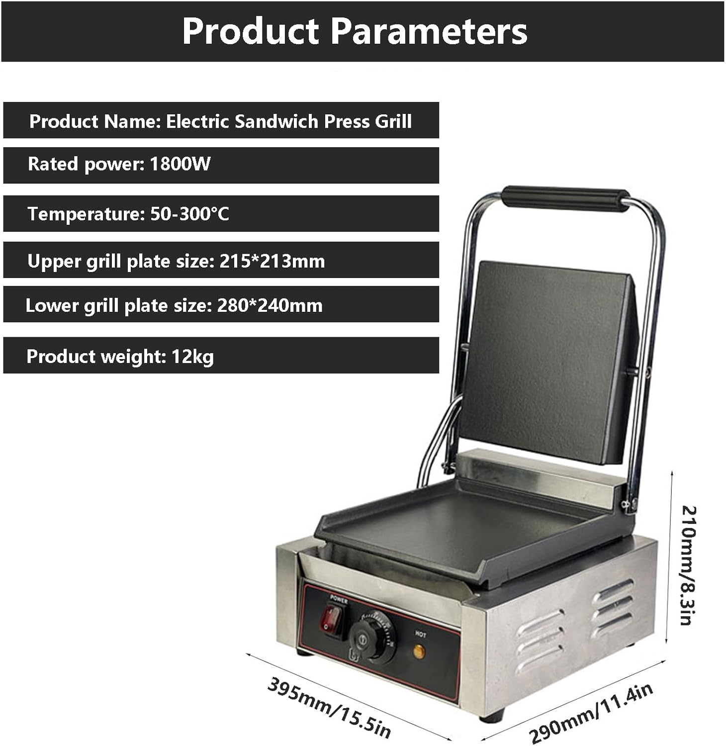 Electric Sandwich Grill w/Non-Stick Coating, Sandwich Makers & Bread Presses 50-300℃ Temperature Control, Stainless Steel Sandwich Press for Commercial