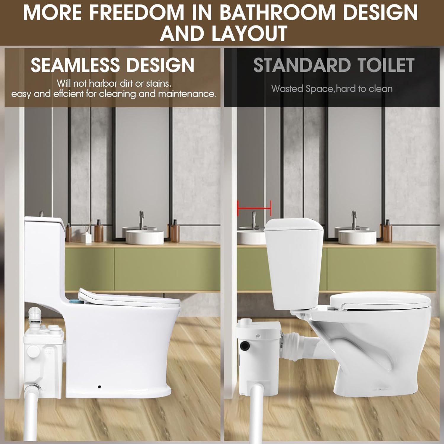 Upflush Toilet with Pump For Basement, Macerating Toilet System, 24ft Vertical Powerful & Quiet Dual-Flush One-Piece Toilet with Tank, Elongated Bowl, Toilet Seat for Bathroom, Kitchen, Sink, Shower