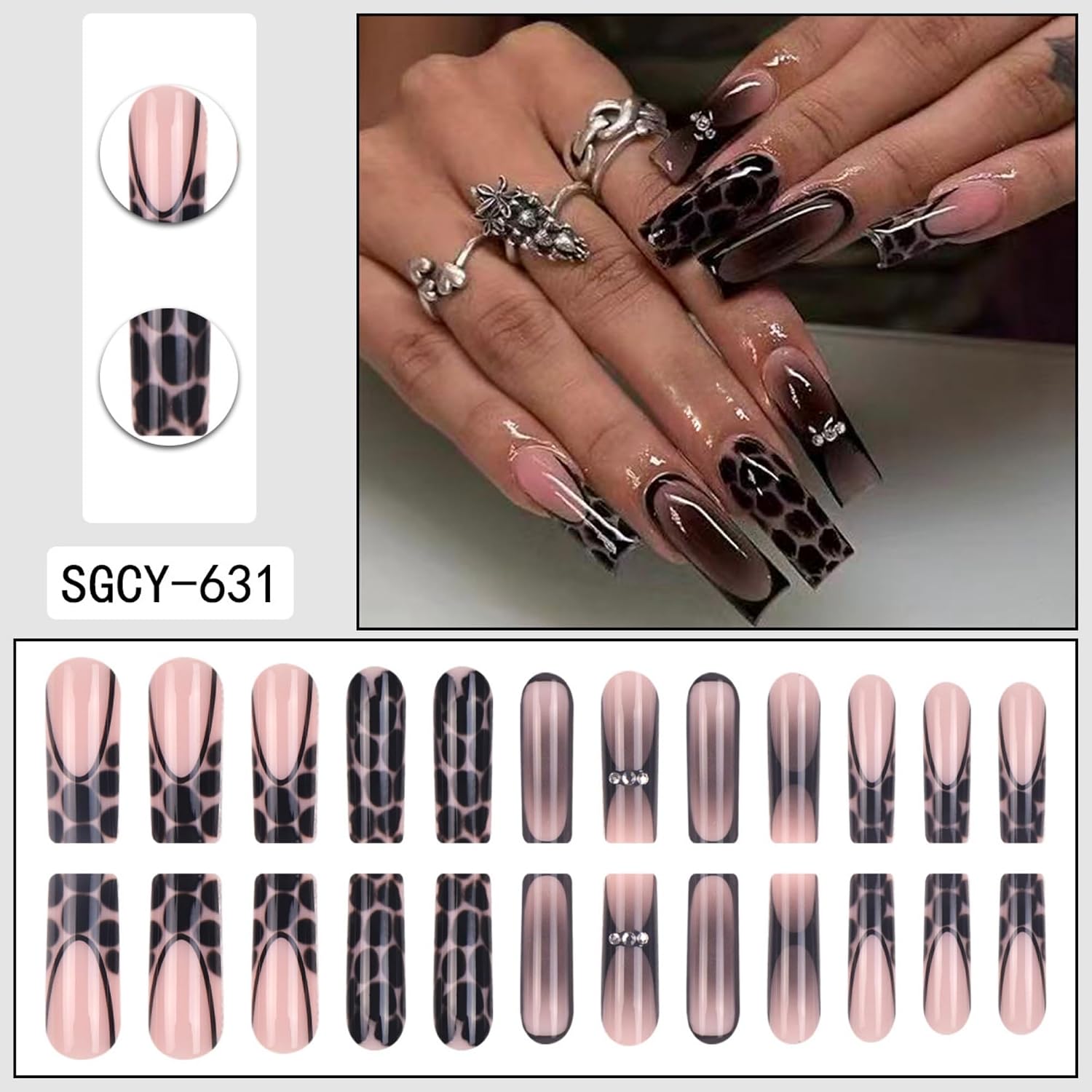 Long Square Press on Nails Black Leopard Print French Tip Fake Nails with Rhinestones for Women DIY Manicure Salon Look 24Pcs image 3