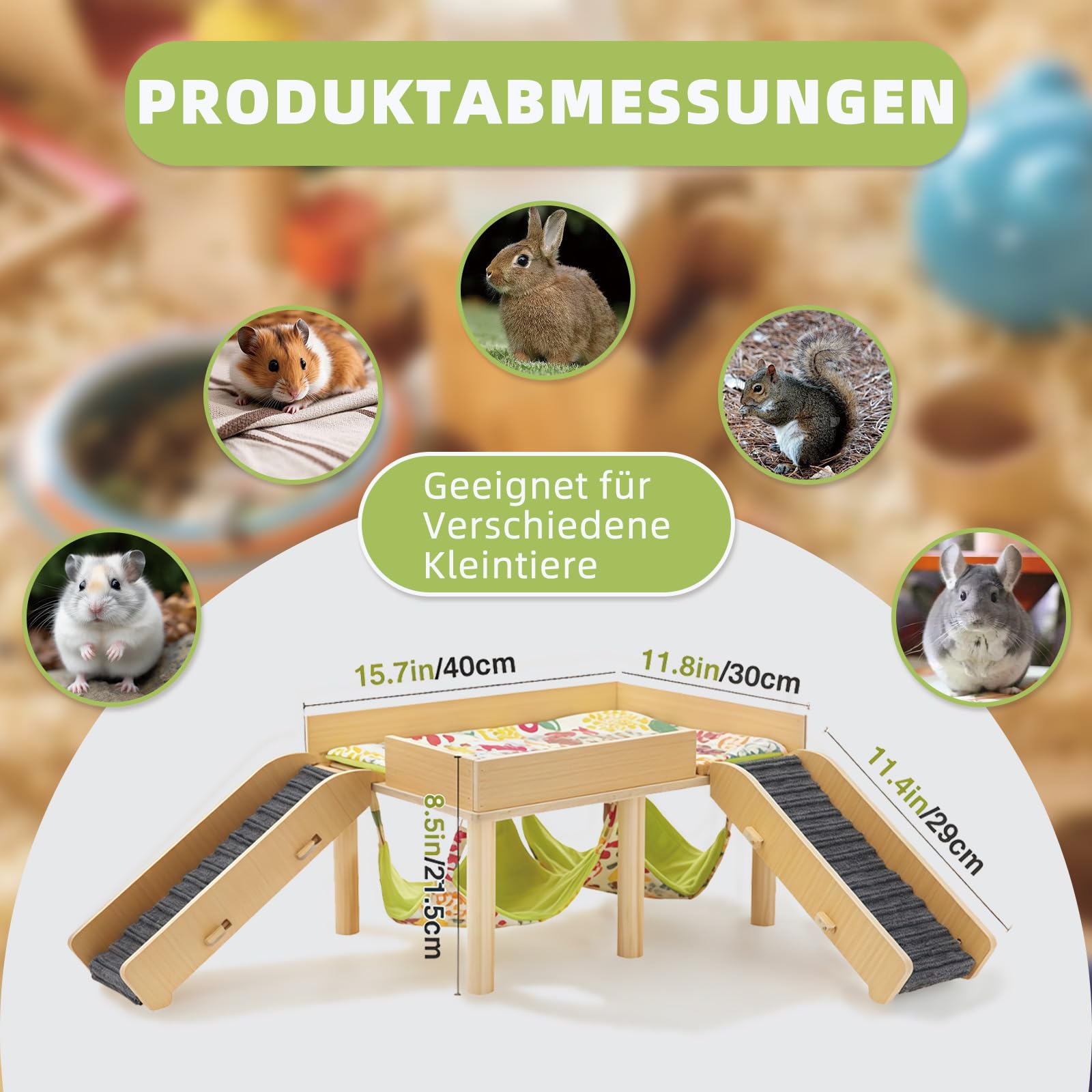 Meerschweinchen Haus aus Holz, Meerschweinchen Versteck mit Hängematte und Rampe, Kleine Haustiere Spielzeug Zubehoer, Versteck für Zwerg Hamster Rennmäuse Degus Stachelmäuse Kaninchen