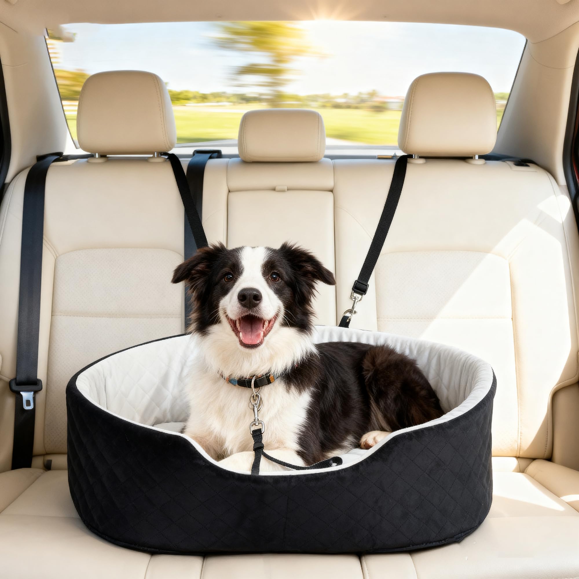 PawHut Siège Auto pour Chien avec Ceinture de sécurité et Fixation, siège de Voiture pour Chiens rembourré Confortable Portable jusqu'à 15kg, Panier Voiture pour Animal Coussin Amovible, Noir