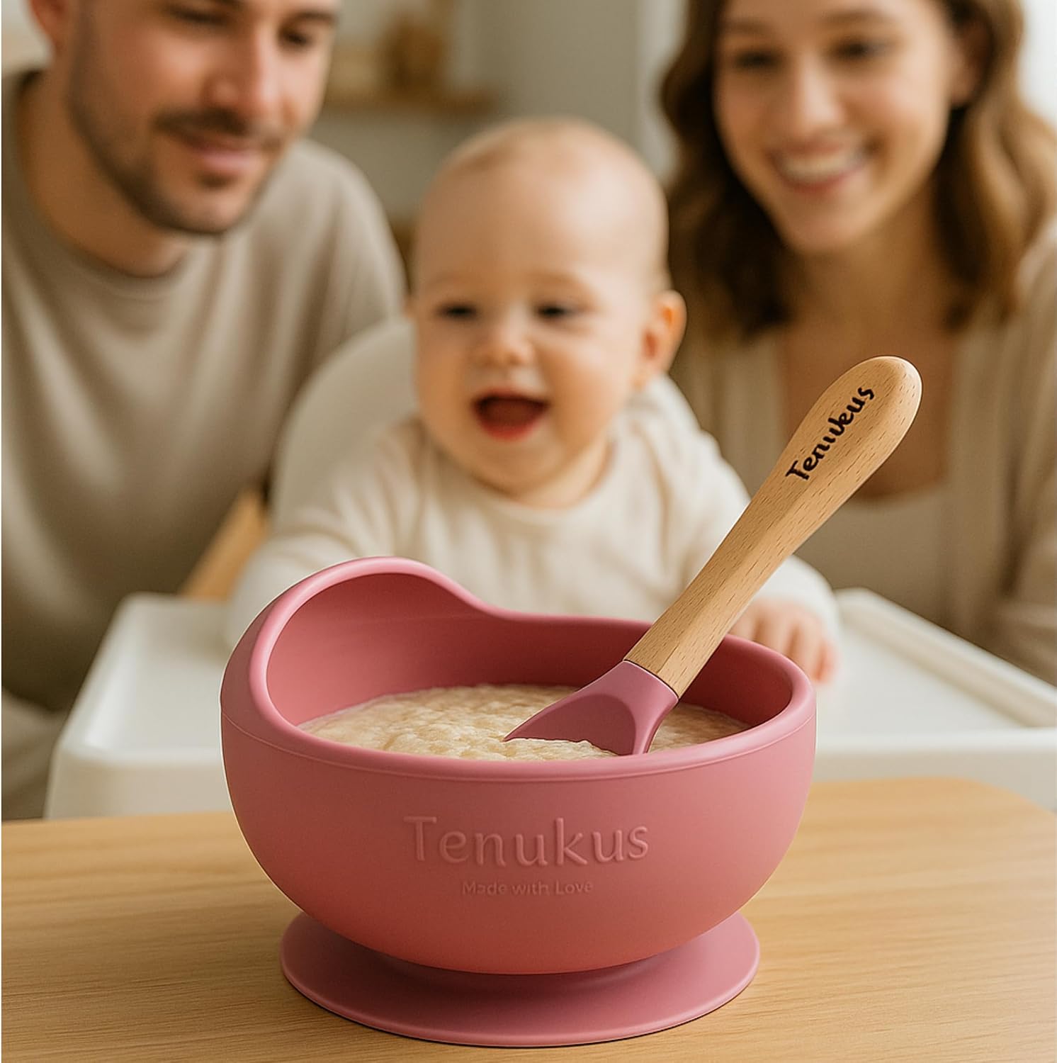 Silicone Suction Baby Bowl & Spoon Set – Soft Tip Spoon, BPA-Free, Dishwasher Safe – Rose Pink | Tenukus Feeding Set for Babies & Toddlers