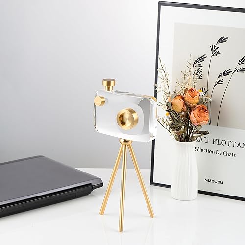 Miniatura 3 de Soporte de cámara de cristal dorado con soporte, decoración moderna del hogar, modelo de cámara grabada transparente, adecuado para decoración única