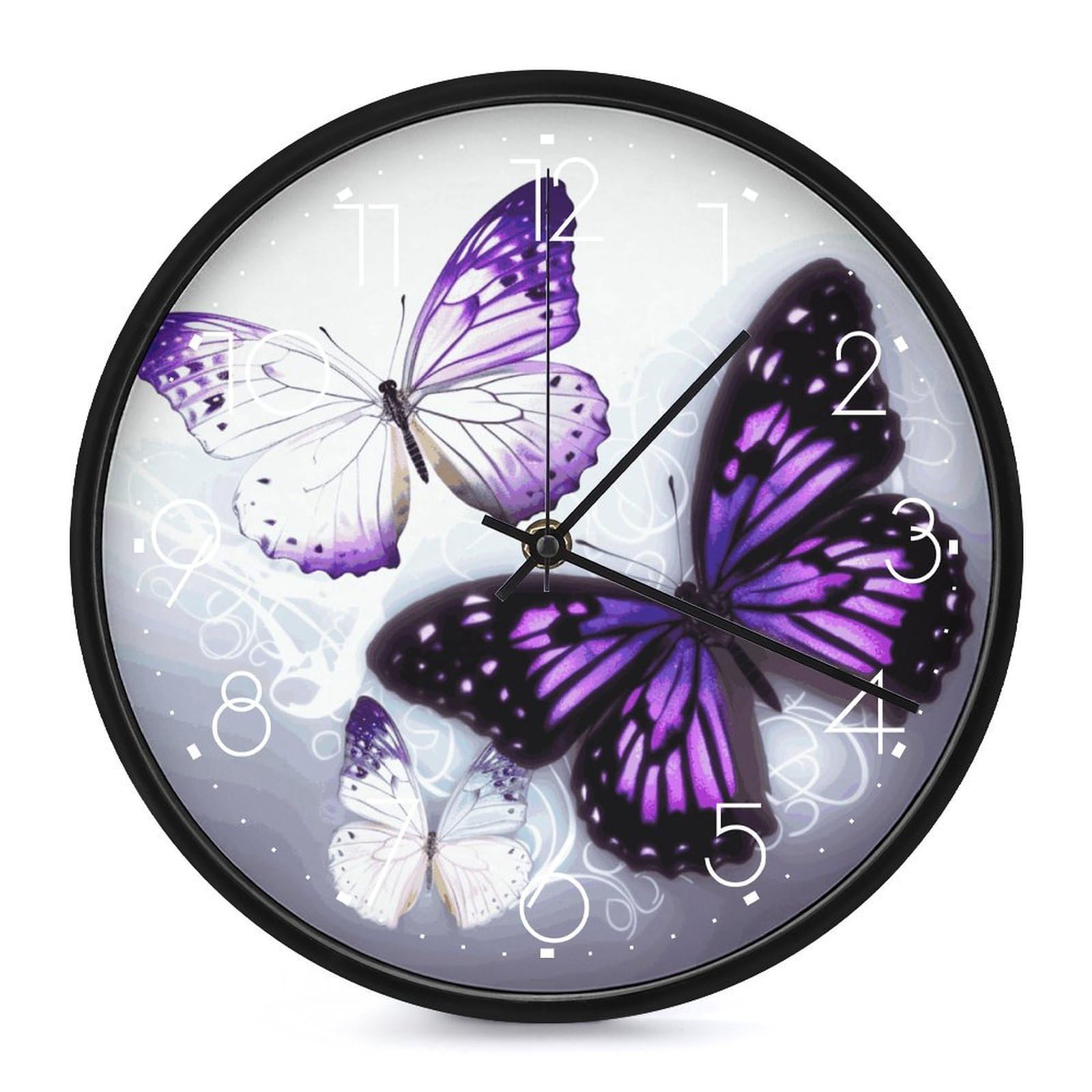 Horloge murale ronde papillons blancs et violets 25,4 cm pour cuisine et bureau