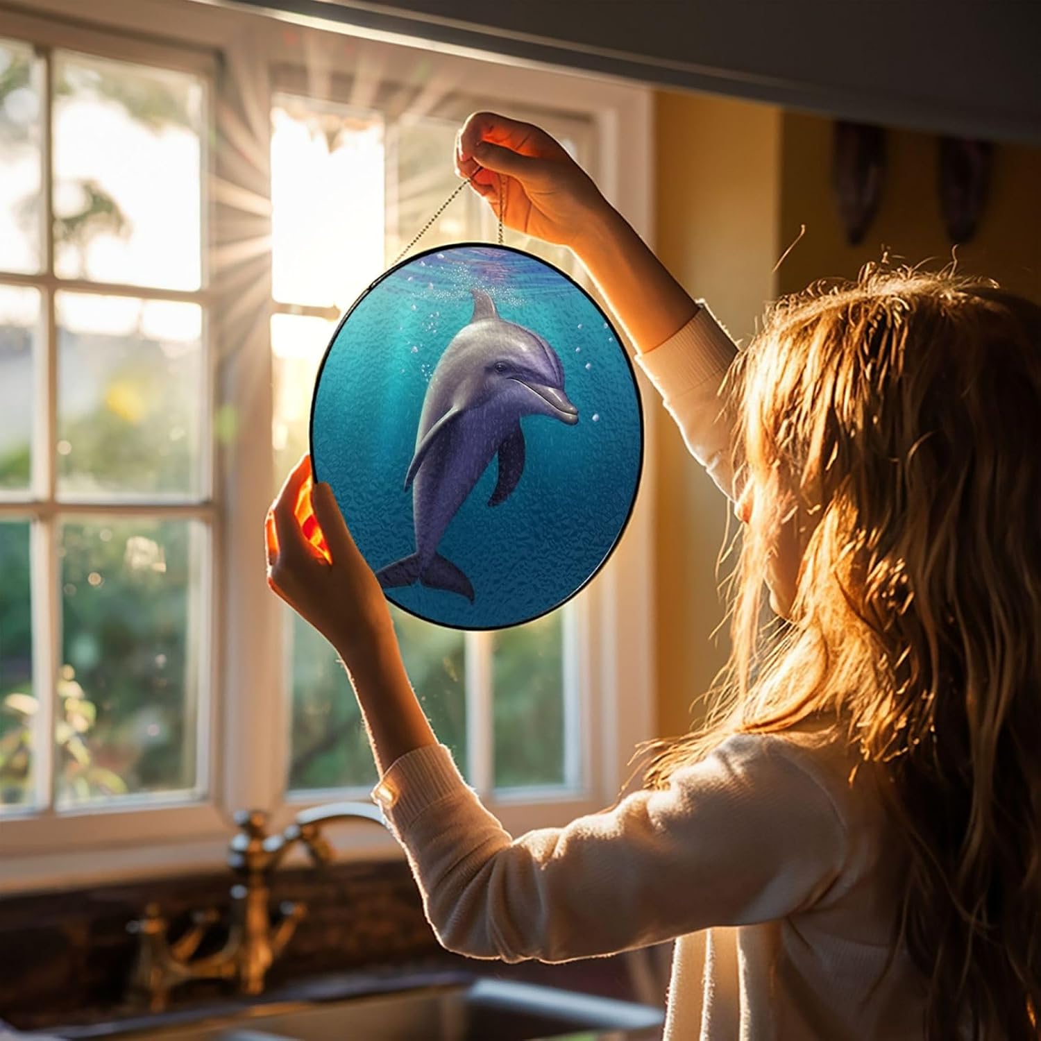 Stained Glass Window Hanging Cute Sea Animal Dolphin Sun Catchers Indoor Outdoor Decor Window Suncatcher Door Garden Sunroom Sun Catcher Home Decor Birthday Christmas for Mom Men