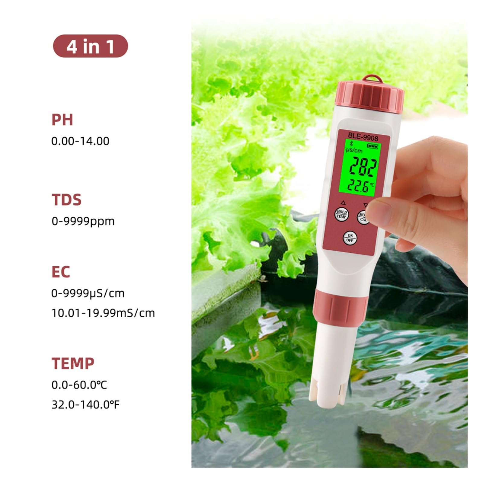 Tester PH Acqua Qualità PH EC TDS TEMP Misuratore di salinità Tester digitale della qualità dell'acqua potabile Monitor online intelligente Controllo APP for piscina dell'acquario(PH EC TDS Temp)