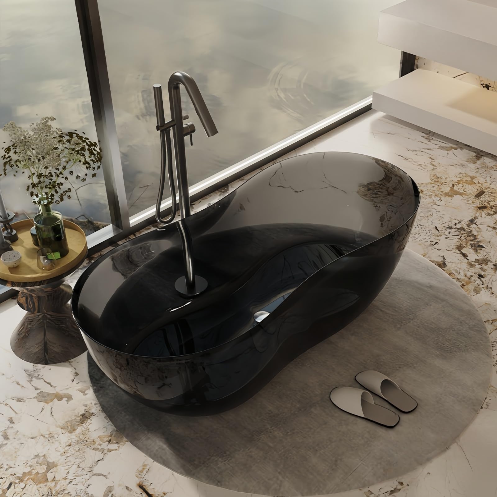 Freestanding Bathtub - Crystal Clear Solid Surface Soaker Tub, Extra Deep Stand Alone Freestanding Bathtubs Made of Natural Resin, Elegant Solid Surface Bathtub (68",Black)