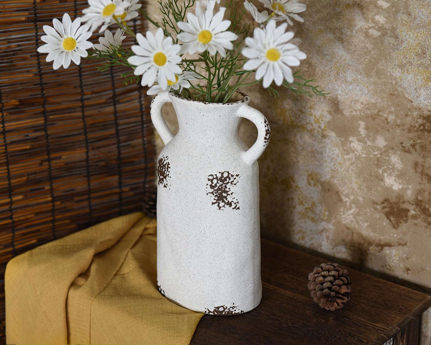 Jarrón De Cerámica Con 2 Asas, Moderno Jarrón De Granja Para Decoración Del Hogar, Florero De Cerámica Rústica (blanco 7.1 X 6.8 X 5.5 In