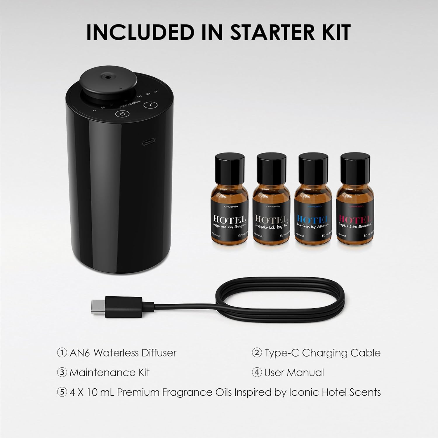 Airversa Waterless Essential Oil Diffuser Starter Kit with 4 x 10mL Hotel Scent Fragrance Oil, Battery Operated Mini Scent Air Machine Portable Diffuser for Home Car Office, AN6Kit-04 Black
