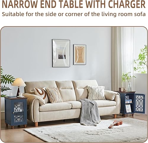 Miniatura 7 de Mesa auxiliar estrecha con estación de carga, mesita de noche con puerta de granero de cristal, mesas auxiliares de noche con estante ajustable,