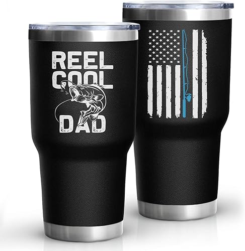Regalos de pesca para papá y hombres, 30 onzas, con diseño de bandera estadounidense, regalos de pesca para papá y abuelo, botella de agua aislada