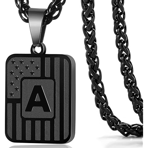 DuoDiner Stocking Stuffers Christmas Gift-Initial A-Z Necklaces for Men Boys Kids, American Flag Stainless Steel Letter Pendent Chain 20+2 Inches Mens Jewelry Gifts