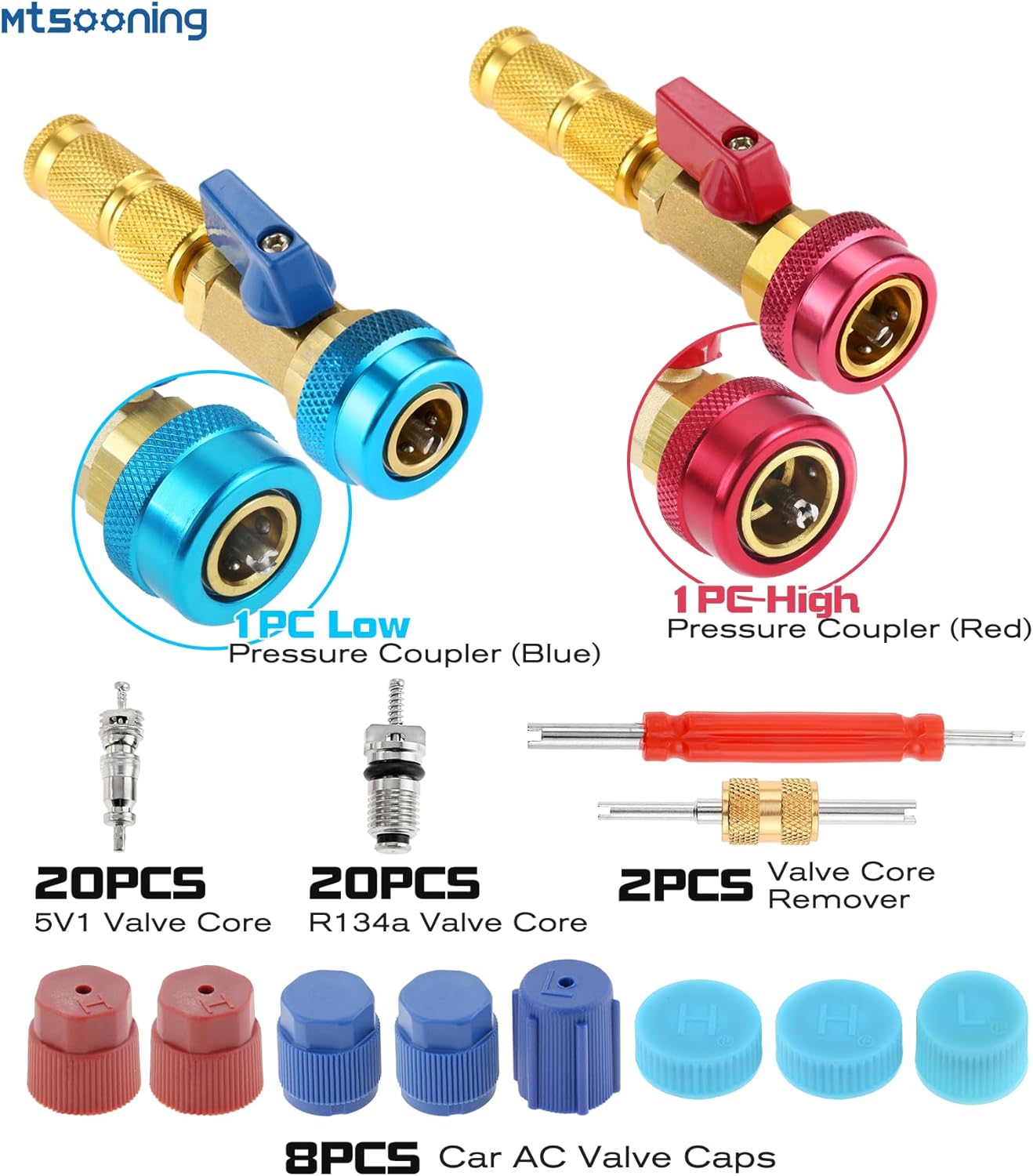 Mtsooning R134A Refrigerant Valve Core Remover & Installer Tool Set, AC High/Low Pressure Quick Removal & Installation Kit for Auto Air Conditioning Systems