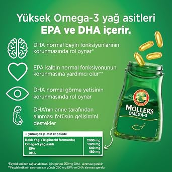 Möller's Omega 3 Kapsül 60 Adet; IFOS Onaylı, EPA 640 mg, DHA 480 mg, saf balık yağı. Günlük omega-3 takviyesi, trigliserid form