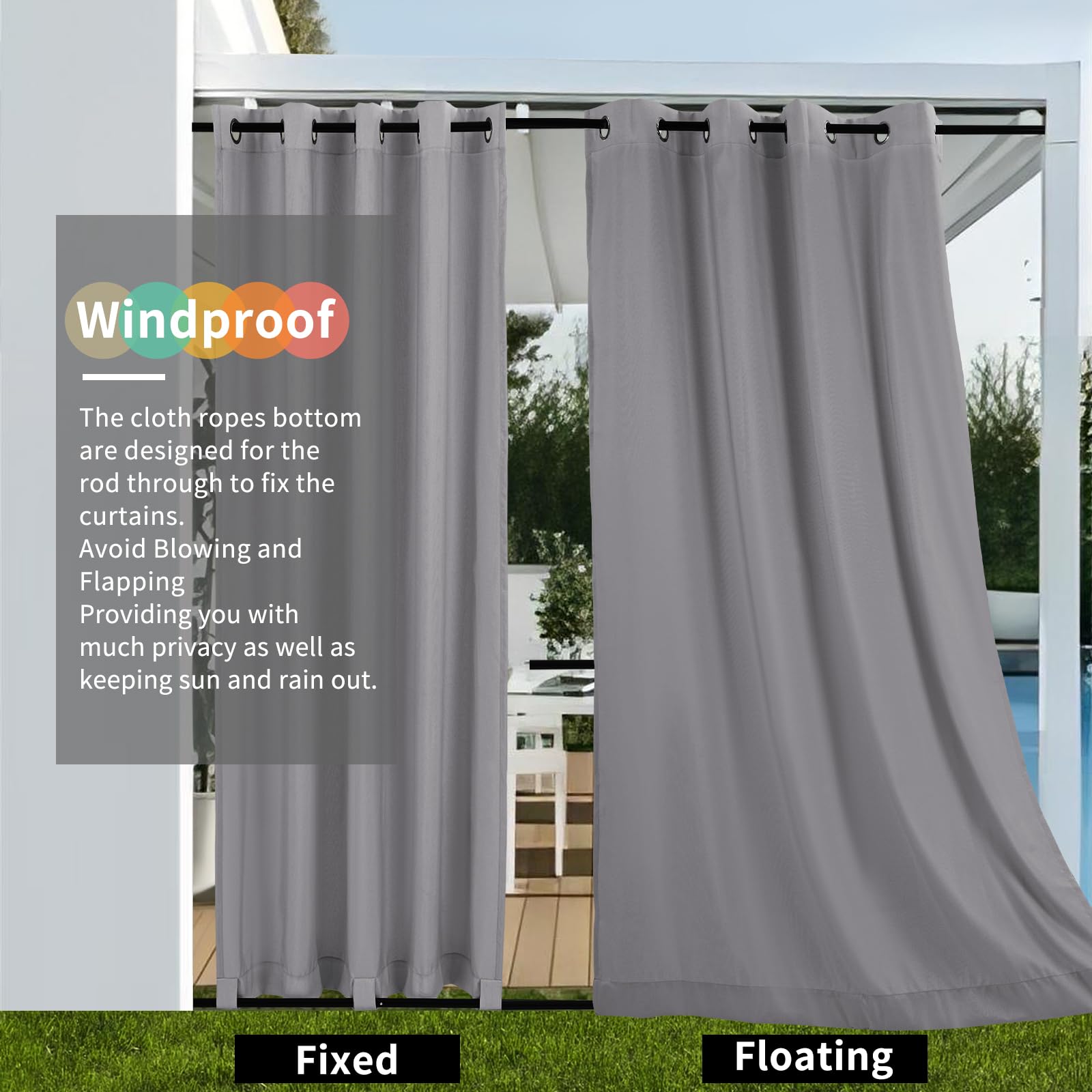 Teruntrue 2 Stücke Outdoor Vorhang Wetterfest mit Ösen, Outdoorvorhänge Balkon Vorhang Terrasse Vorhänge Outdoor Gardinen Sonnenschutz & Sichtschutz Vorhänge mit Schlaufen Unten, H213 x B254 cm, Grau