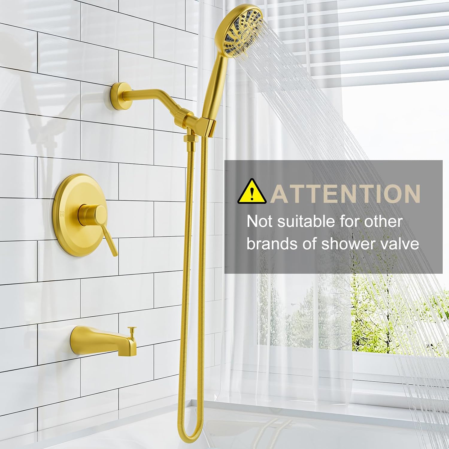 Tub Shower Faucet Set,Shower Systerm with Valve and Tub Spout,ABS Single Shower Head and Handle Set Shower Trim Kit for Bathroom,Matte Black,6-Modes Spray (Brushed Gold)