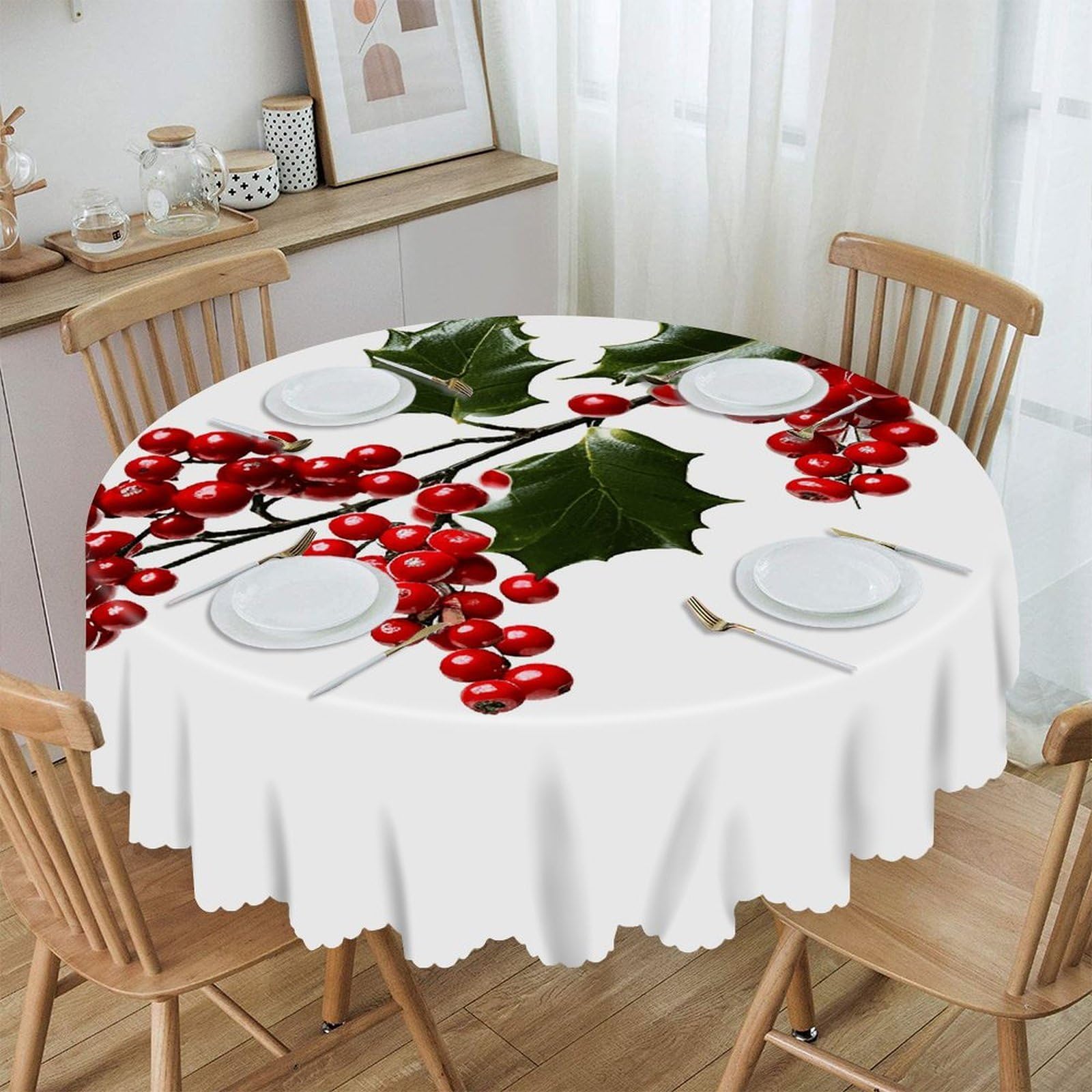 FekiLoot Holly Berry Branches Round Tablecloths 60 Inch Resistant Washable Polyester Table Cloth Style Decorative Circle Fabric Table Cover for Dining Kitchen Party Farmhouse Outdoor