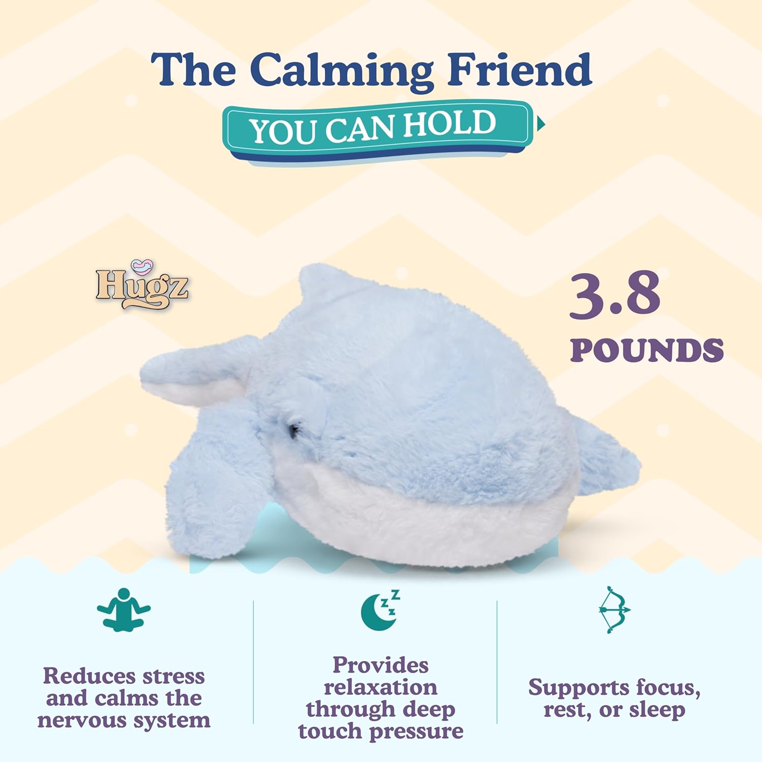 Hugz Official Finn The Whale - Premium Weighted Stuffed Animal Plushie 3.8 lb for Adults & Kids - Microwavable – Heatable & Coolable – Super Soft Fur – Gift Ready Tube Packaging