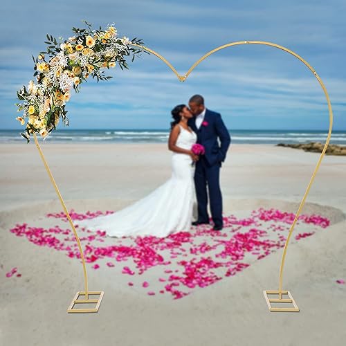 Miniatura 3 de Arco de boda con forma de corazón dorado de 7.7 pies, diseño curvado de metal, soporte de telón de fondo para fotografía, marco de globo de flores,