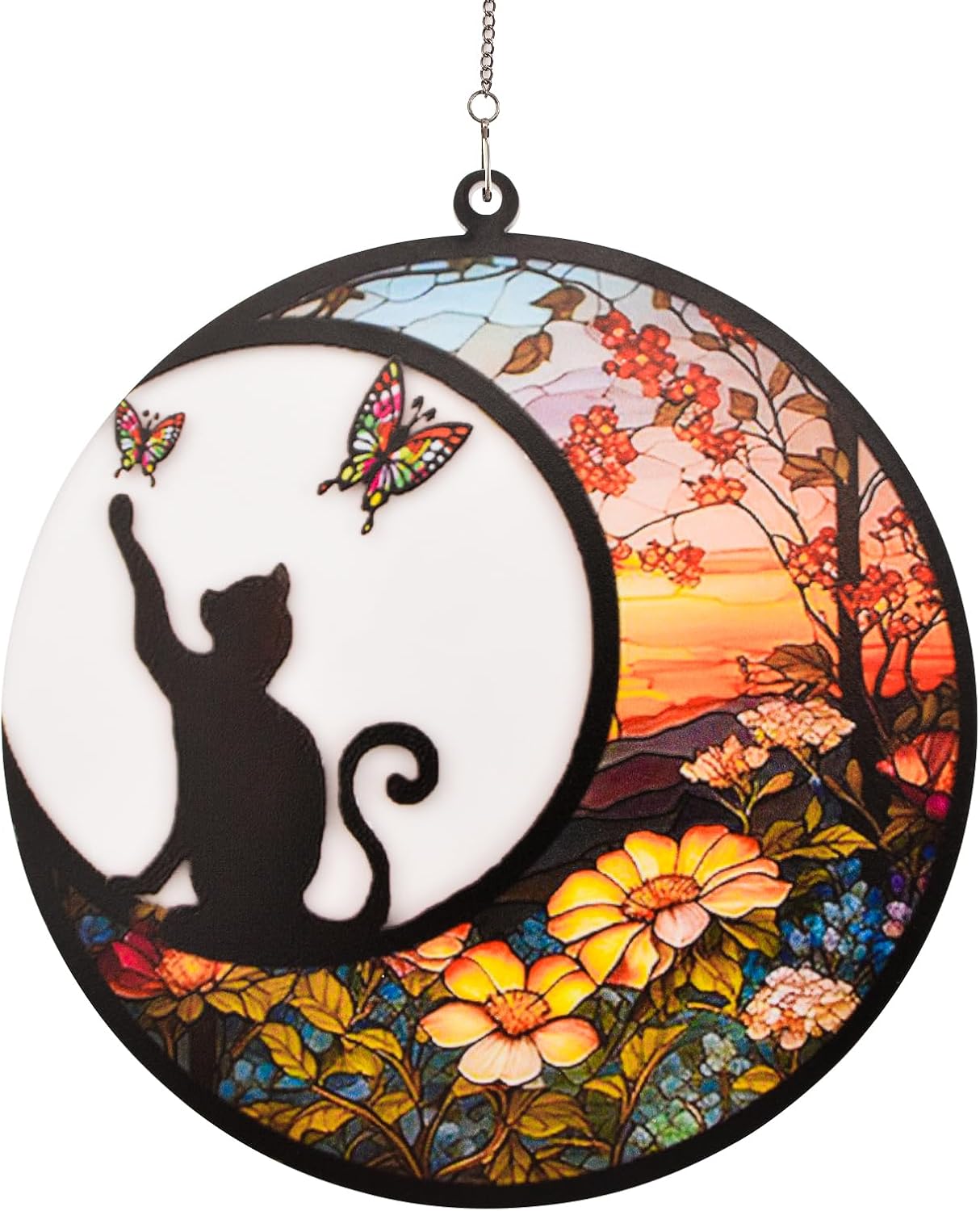 Stained Glass Window Hanging, 1 Pack Black Cat On The Moon Suncatcher Ornament Decor Stained Glass Cat Memorial Gifts Dog Memorial Gifts for Dog Lovers