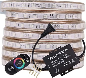 328ft LED RGB Rope Strip Light, AC 110-120V 60 LEDs/M SMD 5050 Touch Remote Control Multi-Color Changing Waterproof Flexible Strip Lights for Indoor Outdoor Christmas Decoration