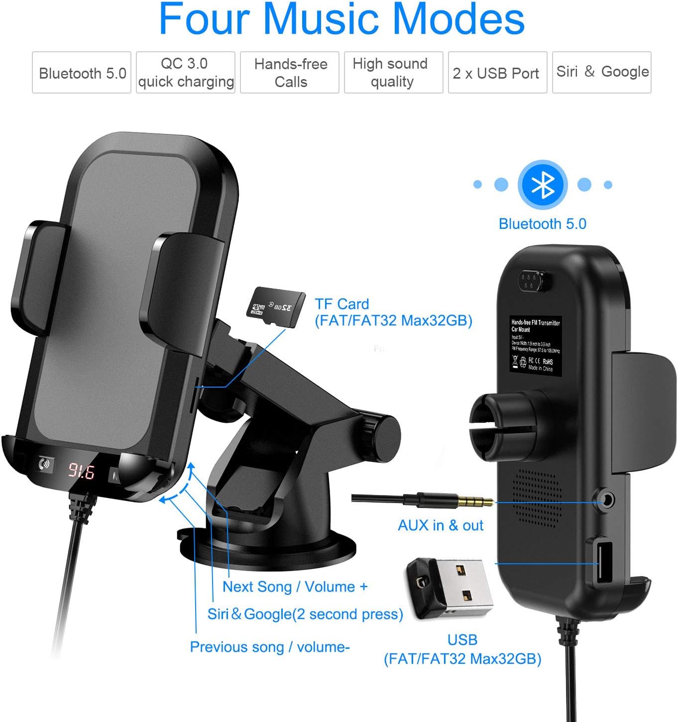 SOYUKI(Safe Driving) Bluetooth FM Transmitter car Phone Mount,Long Arm mp3 Player fm transmitters,QC3.0 Bluetooth Radio Adapter Music Player Support USB/TF/AUX in Compatible with All Phones : Electronics