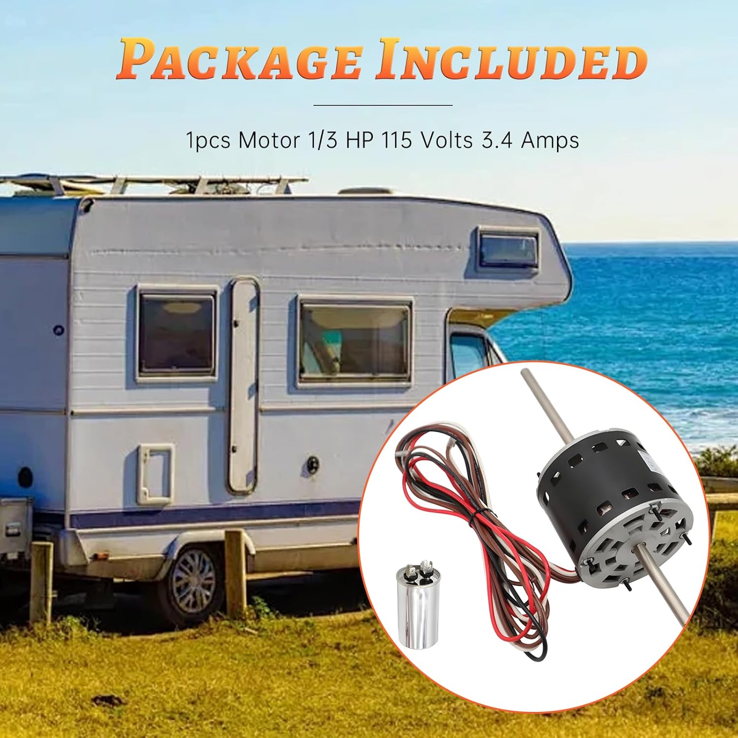 7855MVA-A11U RV AC Fan Motor 1/3 HP 115V - Replaces Fasco D1092 Coleman 1468-3069 - 2 Speed Condenser Motor with Capacitor for RV Air Conditioner Units