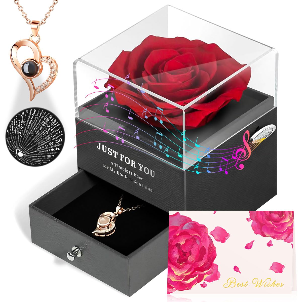 ADDWel Cadeau Anniversaire Femme Original - Cadeau Femme Rose Eternelle Boîte à Musique Romantique avec Collier Je T’aime 100 Langues Cadeaux Saint Valentin Noel Fete des Meres Maman Grand Mere Copine