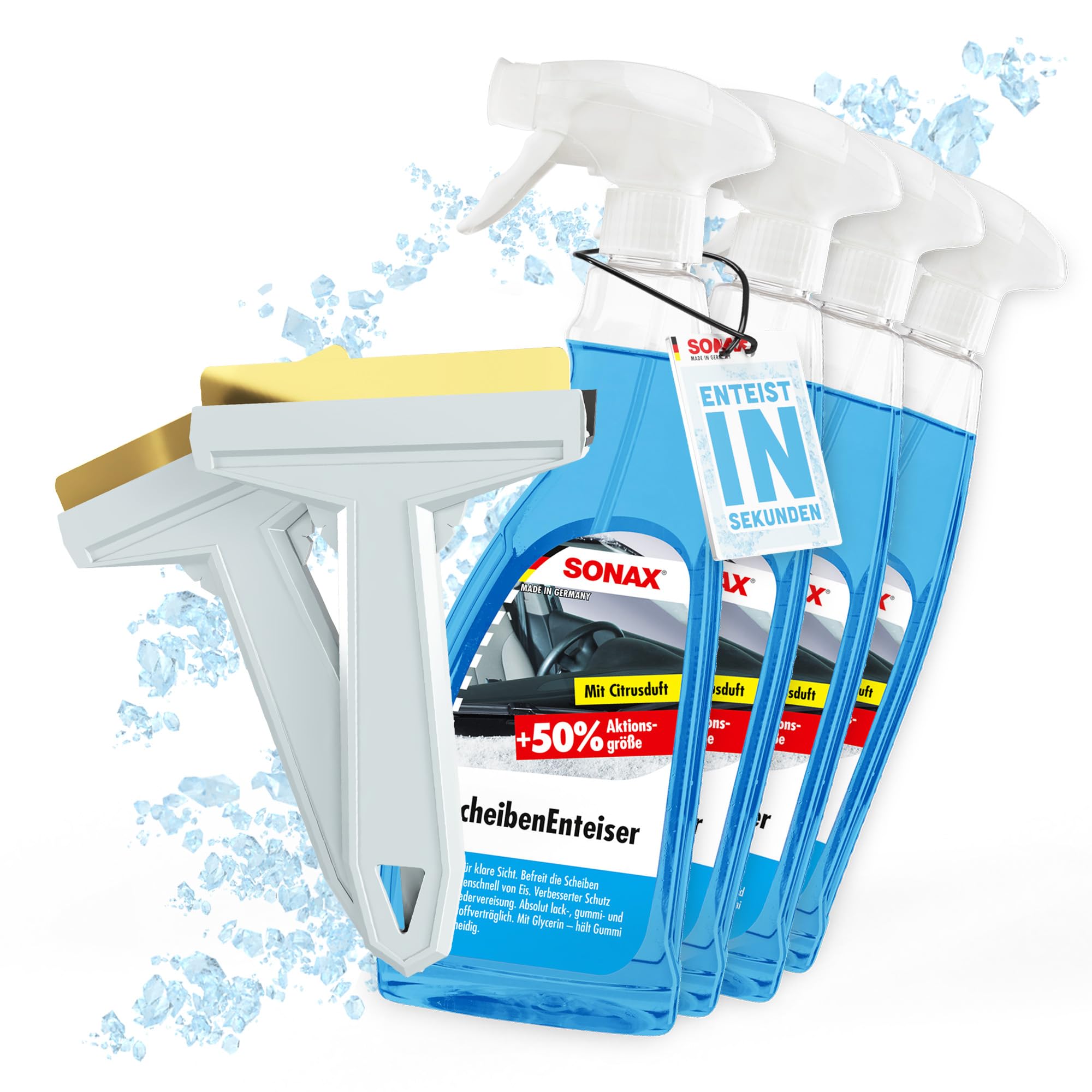 Set di 4 sbrinatori per parabrezza, spray Sonax, 750 ml, per parabrezza auto + 2 raschietti per ghiaccio Murska con lama in ottone, per una visione chiara