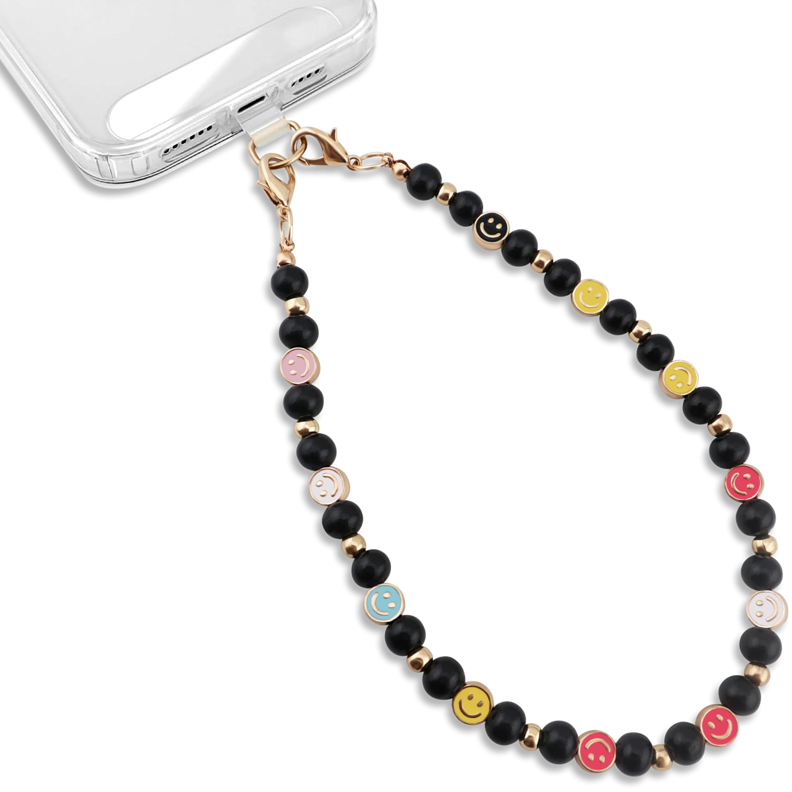 MyfavoriteK Colorful Smiley Cute Phone Charm Detachable Beaded Wrist Strap for iPhone Hands-Free Phone Wristlet Lanyard for Women (Black)