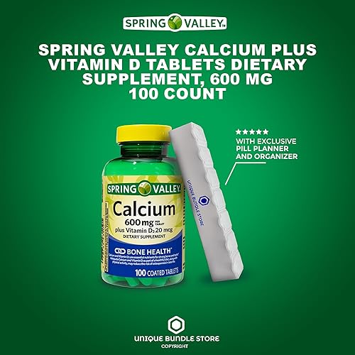 Miniatura 2 de Spring Valley, Calcio con vitamina D3, 600 mg, 100 tabletas de 100 unidades, suplemento dietético + organizador de píldoras de 7 días incluido