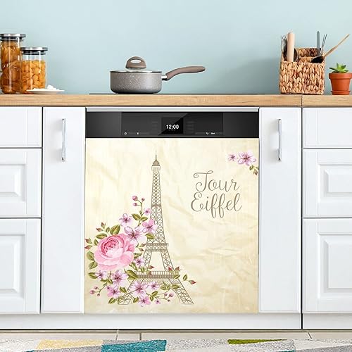 Eiffel Tower Simbol Spring Blooming Flowers Dishwasher Magnet Cover Refrigerator Panel Decal Deco for Cabinet Kitchen Laundry Room Gift 23 x 26 Inch