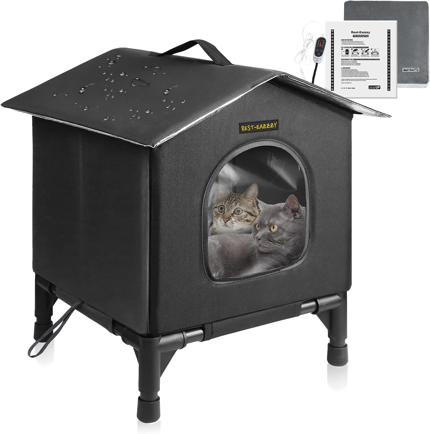 Rest-Eazzzy Heated Cat House for Indoor Cats in Winter, Waterproof, Fully Insulated Shelter, Great for Cat Houses and Cat Beds (Black, Small) Black-Heat Small