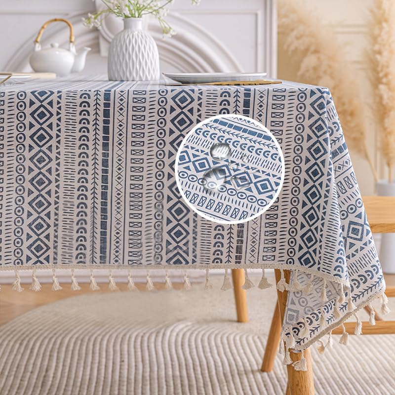 Mantel bohemio de lino y algodón boheniano blanco y azul con borlas para mesas rectangulares, arpillera a rayas, cubierta de mesa de granja,