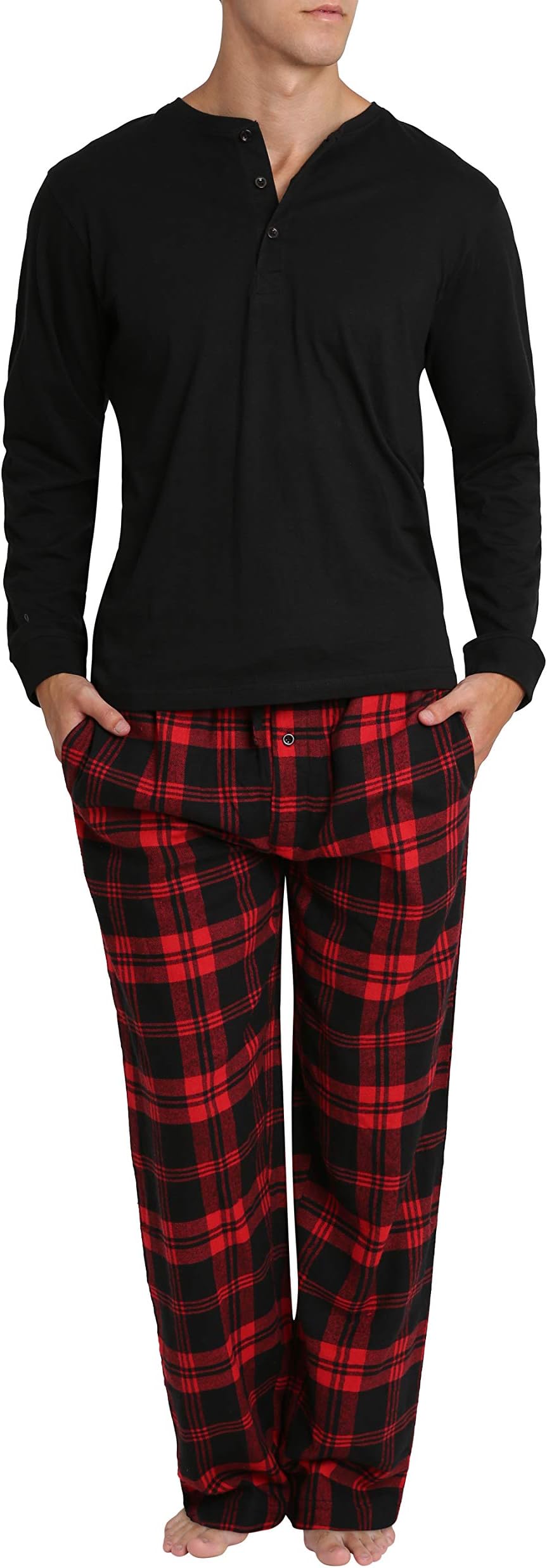 Men’s Pajama Set – Lightweight Flannel Pants & Long Sleeve Top – Soft Cotton Blend Year-Round Lounge Set