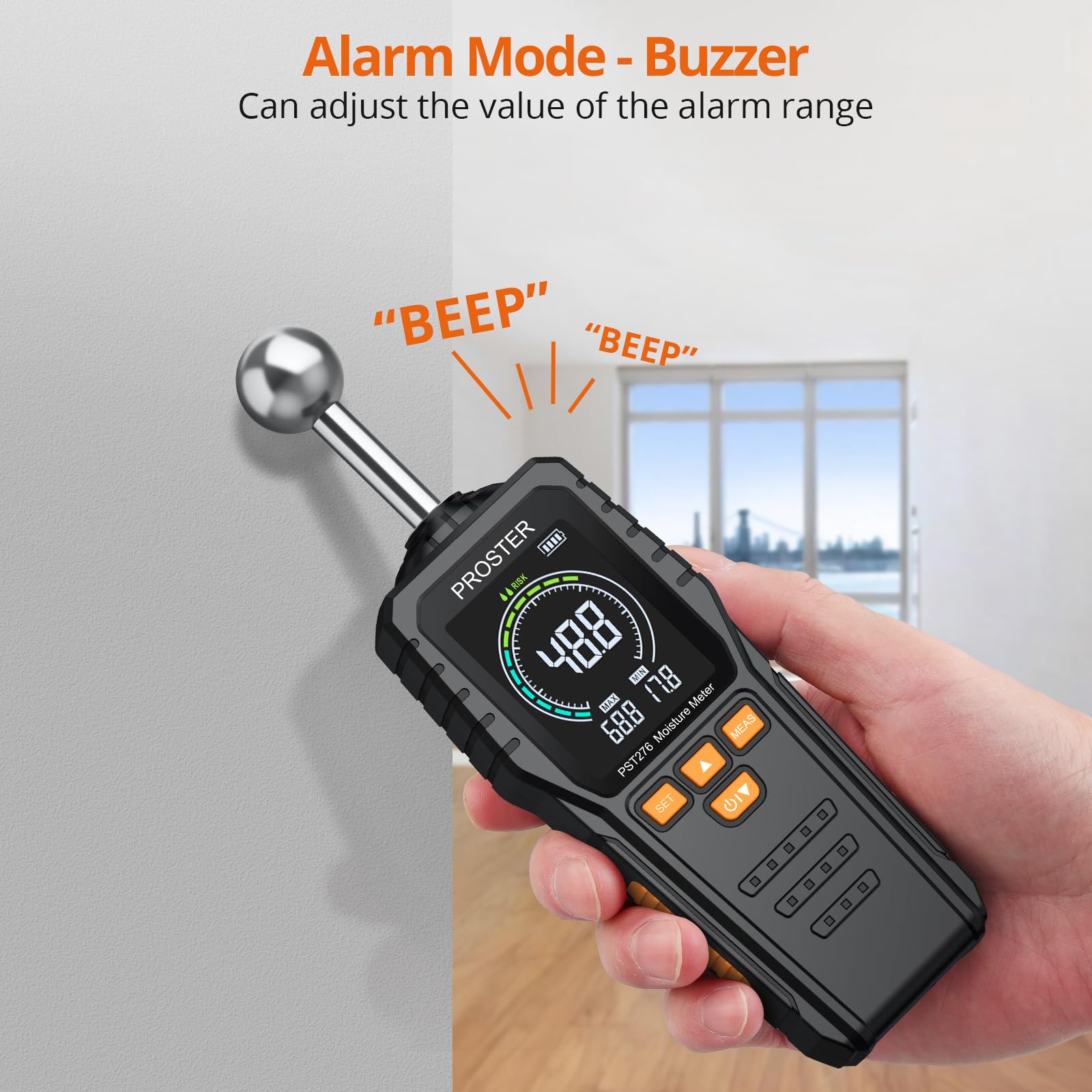 Proster Feuchtigkeitsmessgerät Wand Kugelform Sphärisches wiederaufladbares Feuchtemessgerät Mauerwerk mit LCD Bildschirm für Wände Mauerwerk 0-40mm Analysetiefe (Schwarz Orange)