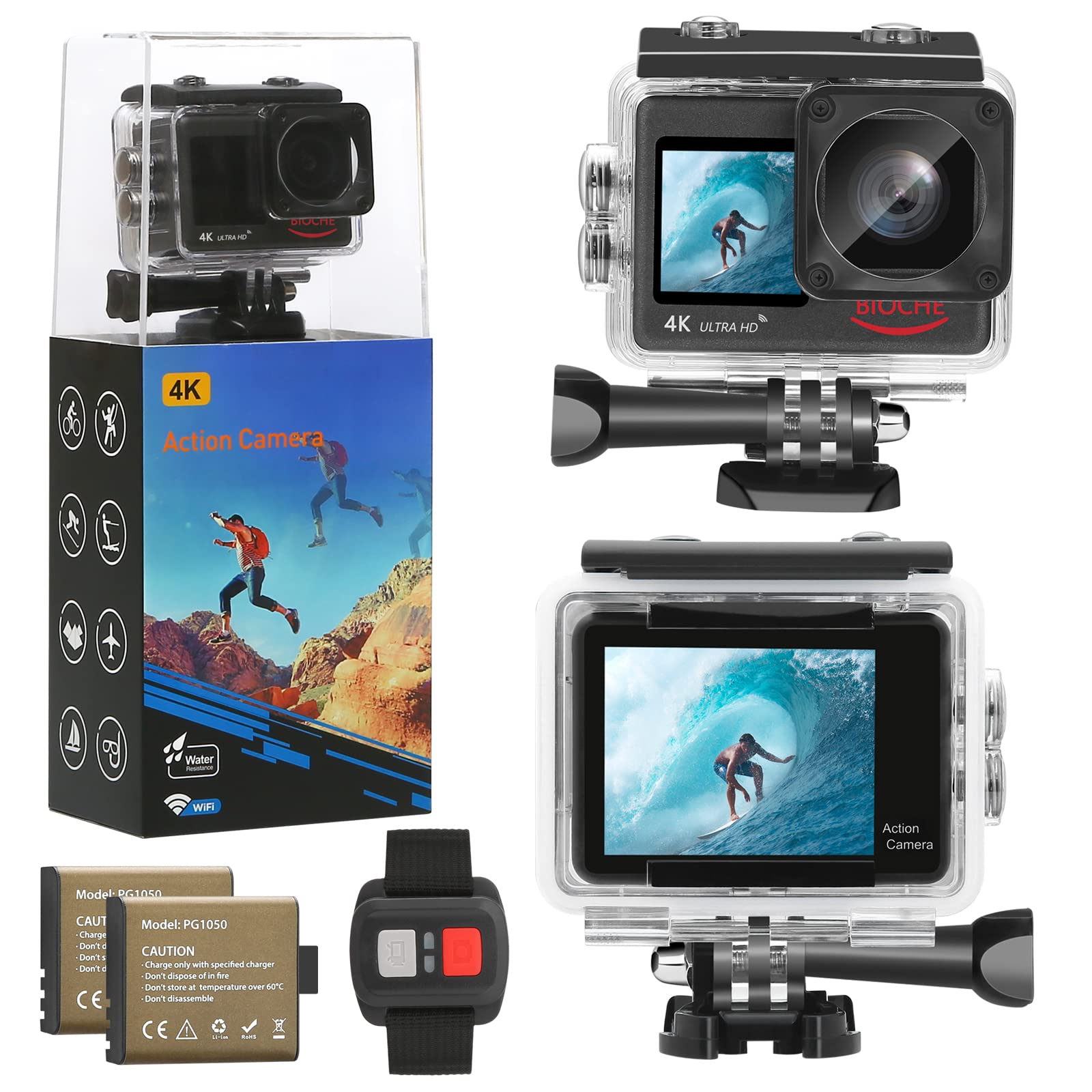 BIOCHE 4K60FPS WiFi Dual Screen Action Camera 20MP with Touch Screen,EIS,170 Angle Wide,30m Waterpro
