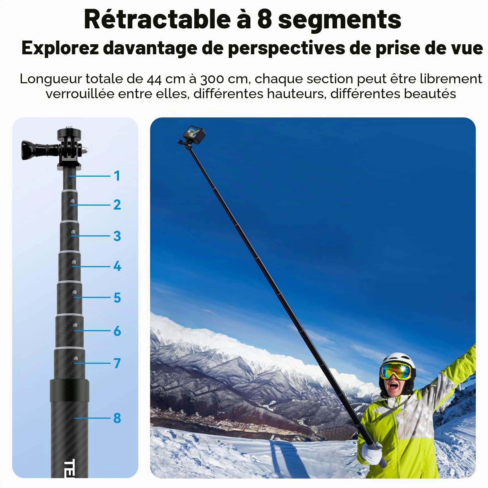 TELESIN Perche à selfie G3 longue invisible (3 m), en fibre de carbone étanche pour GoPro Max 13 12, Insta360 Luna Ultra X5 Ace Pro, DJI Osmo Nano 360 Action 6 5 4 Pocket 4 3 Xtra AKASO