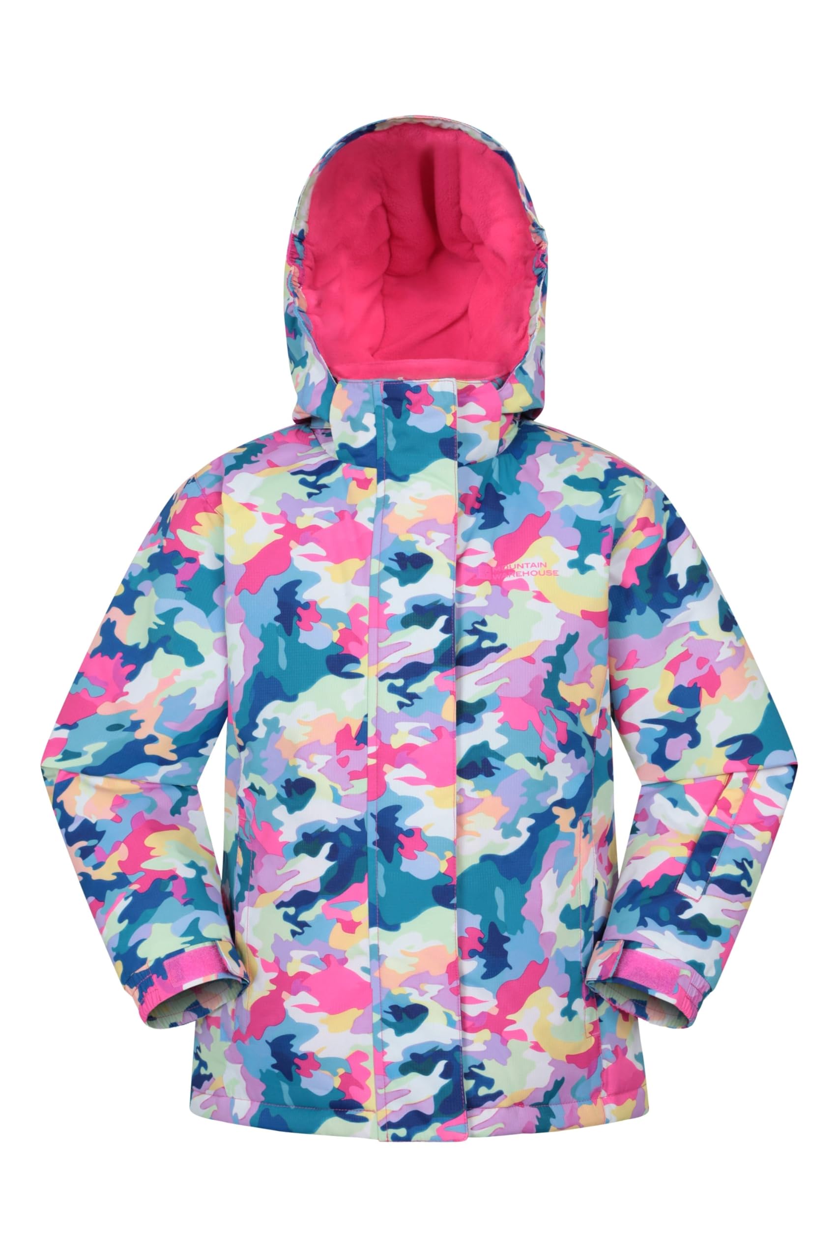Mountain Warehouse Bright Pink Snowdrop Printed Kids Ski Jacket - Waterproof, Integrated Snowskirt, Detachable Hood, Adjustable Cuffs -Best For Snowboarding, Winter Sports Kids Size 3-4 Years