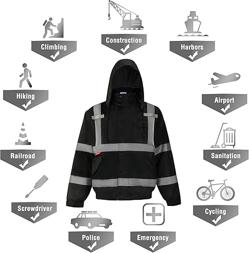 Miniatura 5 de ProtectX High Visibility Safety Waterproof Bomber Jacket for Men, Hi Vis Reflective Winter Construction Jacket, Class 3