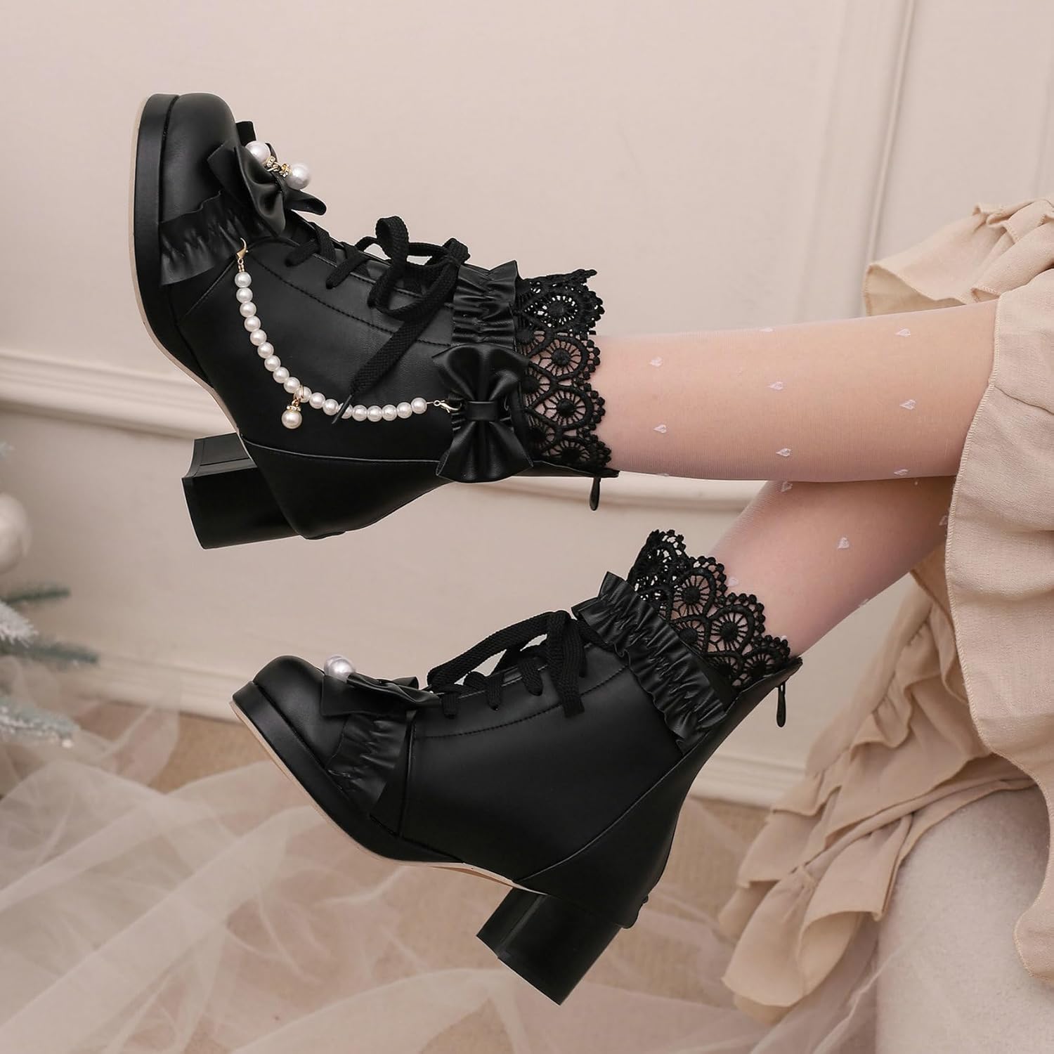 LUXMAX Women Cute Lolita Boots Chunky Mid Heel Ankle Boots with Bow Platform Lace Up Booties with Pearl