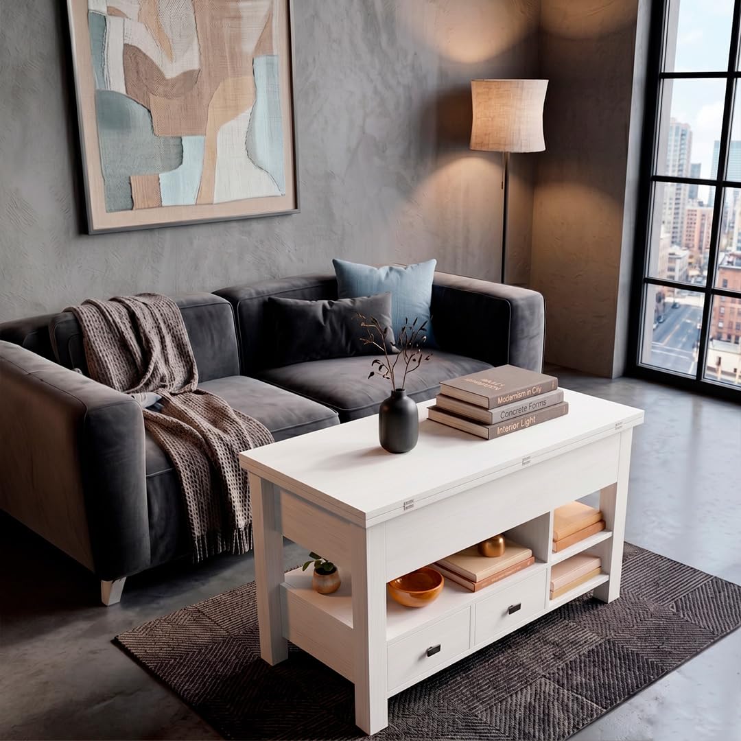 Marctani Mesa de Centro elevable 3 en 1 - Mesa de Centro Blanca con Almacenamiento Oculto y 2 Cajones, Mueble de Salón Extensible en Madera MDF para Escritorio y Comedor