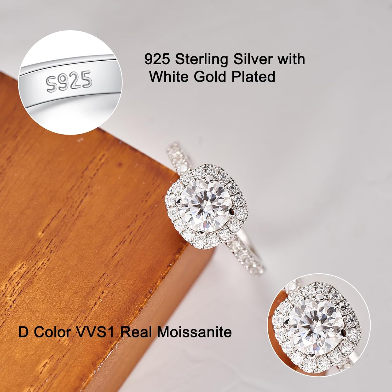 1.5ct Cushion Cut Halo Moissanite Engagement Rings for Women Half Eternity 925 Sterling Silver Brilliant Solitaire Square Real Moissanite Engagement Rings Size 4-11 - Image 2