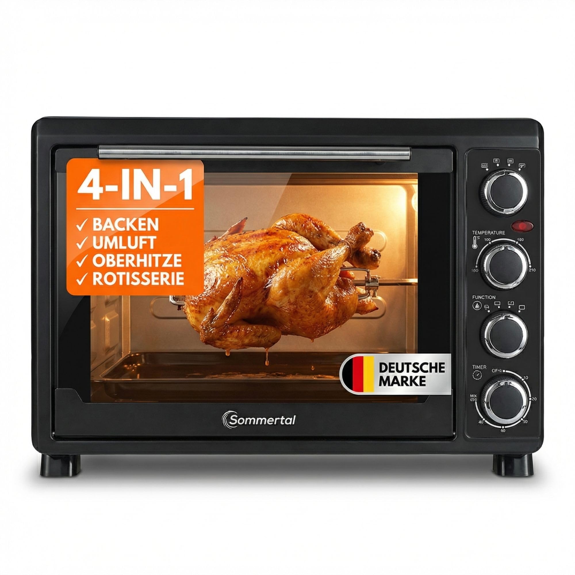 Sommertal Mini four 30 l avec tournebroche et chaleur tournante, 1500 W, 100 à 230 °C, minuterie 60 min, mini four, petit four pour cuire, griller et pizza, four de camping avec accessoires
