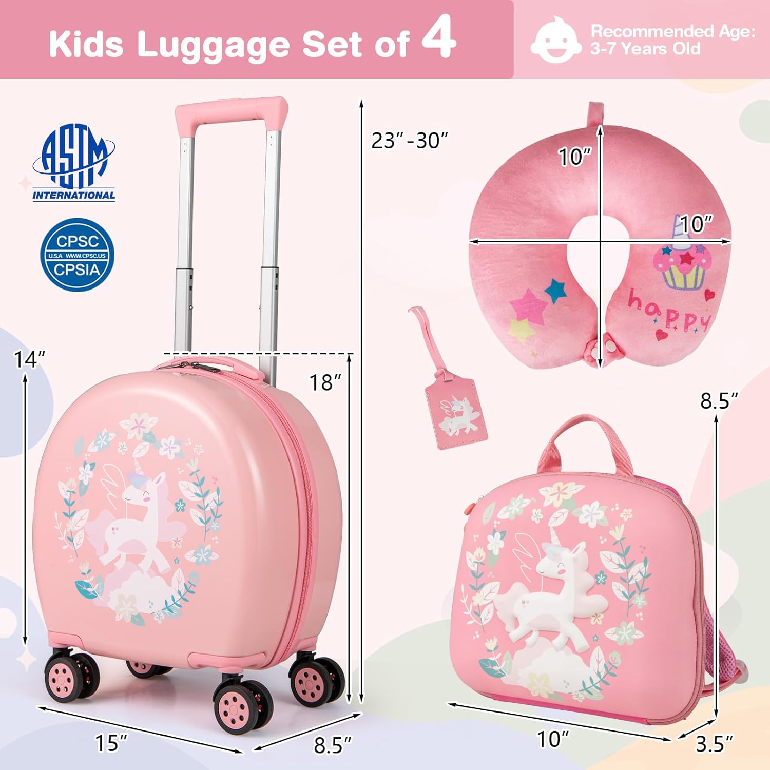 KOTEK Kids Luggage, 4 Piece Suitcase Set, 14” Kids Carry on Luggage with Wheels, Hardshell Backpack, Neck Pillow, Luggae Tag, Toddler Travel Rolling Suitcase for Boys Girls (Pink)